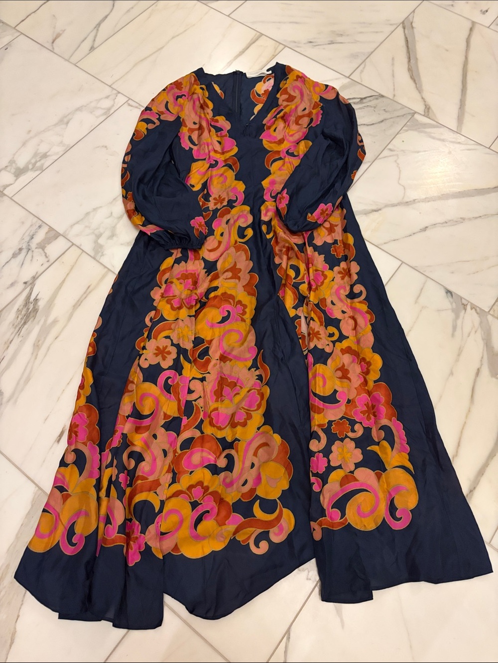 Zimmermann Navy Maxi Dress with Pink & Orange Floral Swirls size 12